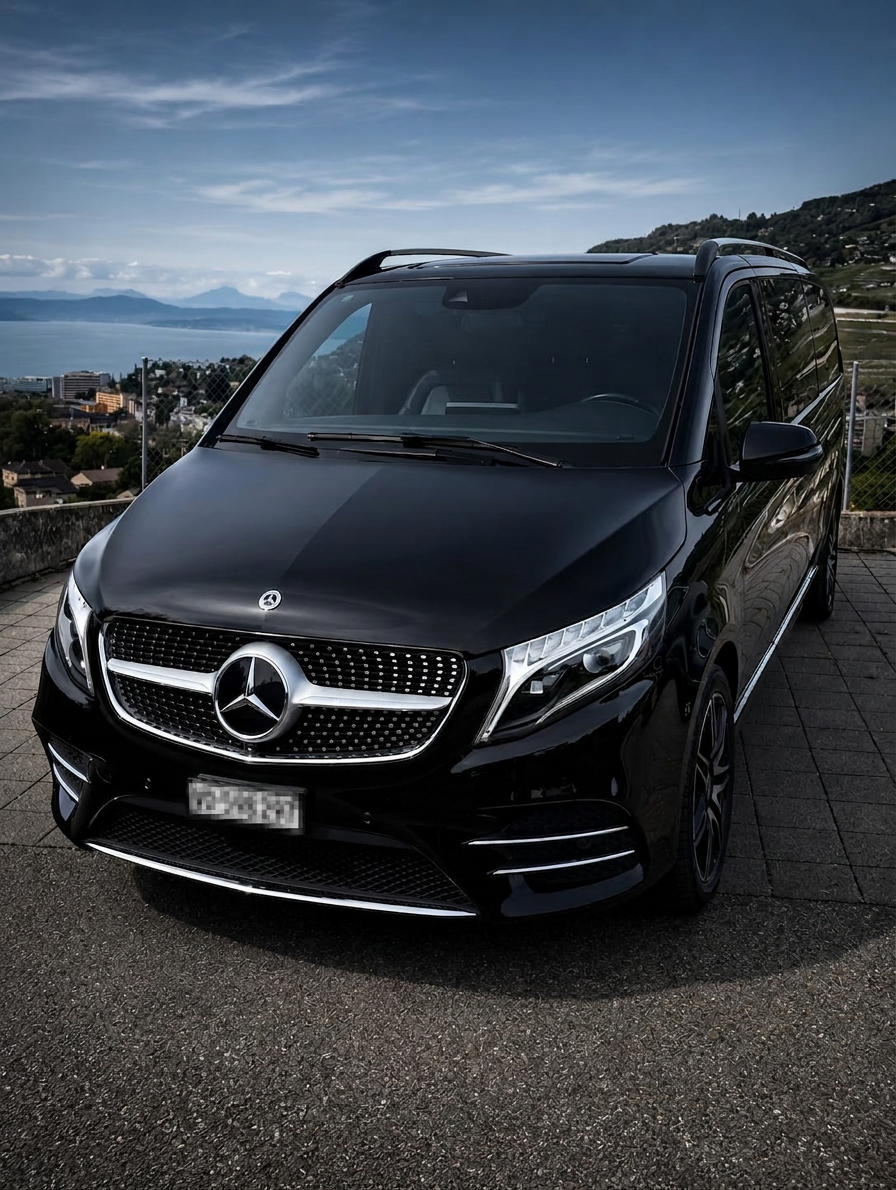 Mercedes Classe V noire vue arrière devant une église