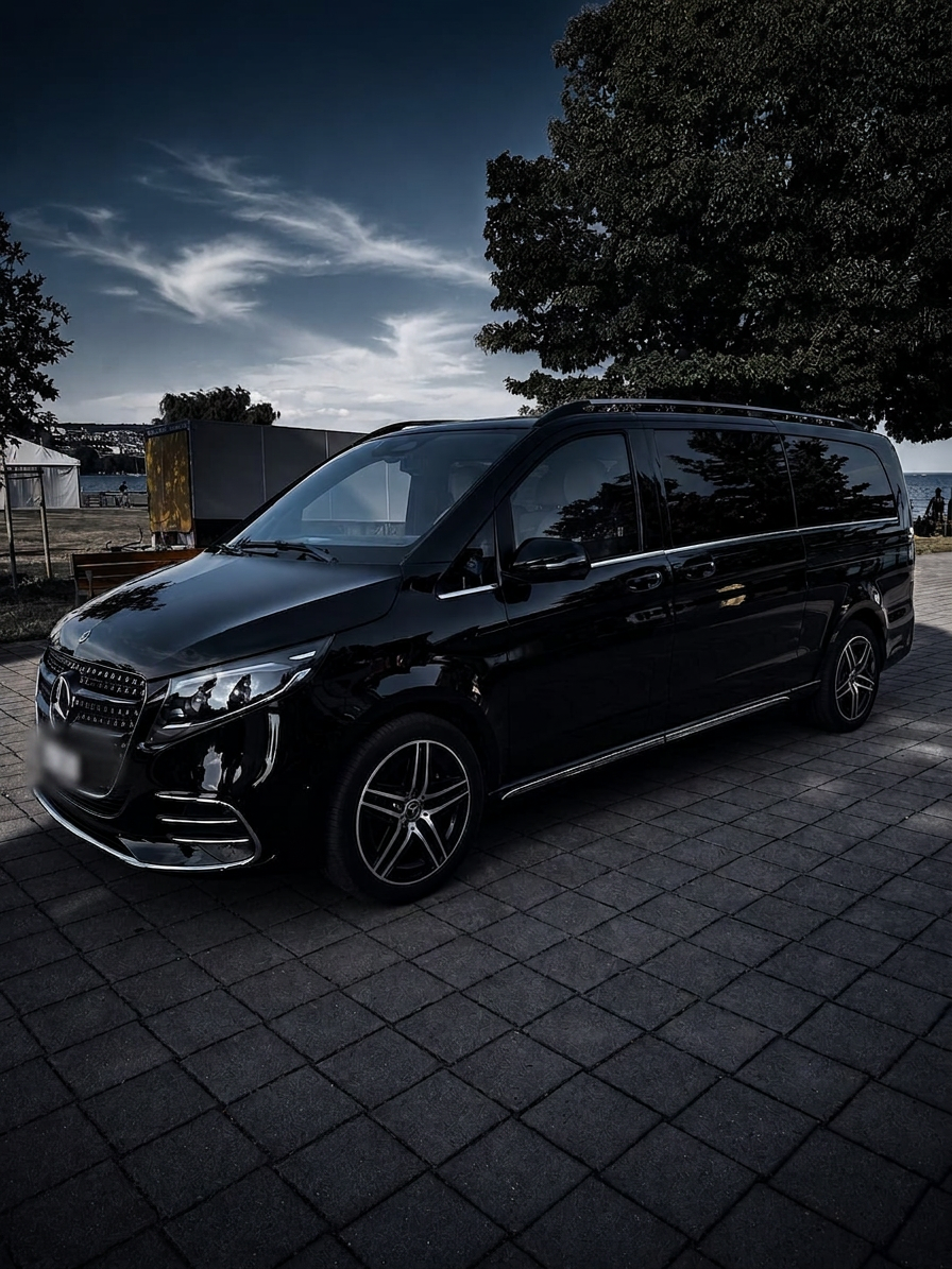 Vue latérale Mercedes Classe V noire avec jantes AMG